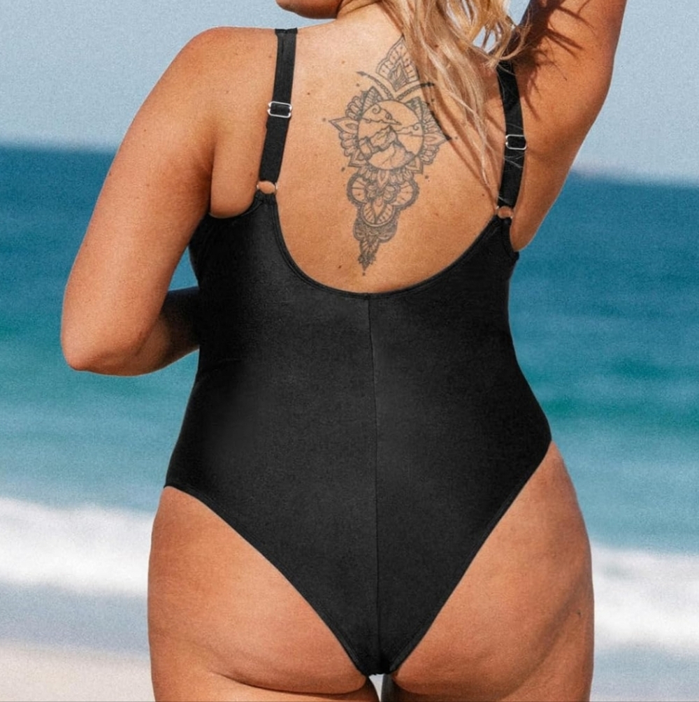 Low Cut Black One Piece Bathing Suit With Mesh - Picture 2 of 8